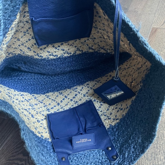 Balenciaga Blue Raffia & Leather Panier Basket Tote - Picture 4 of 13
